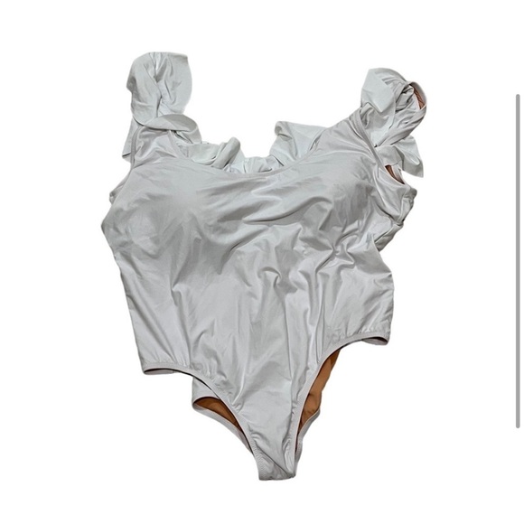 NWT J. Crew Size 24 White Scoop Neck Scoopback Ruffle One Piece Swimsuit AK952 - Picture 2 of 4